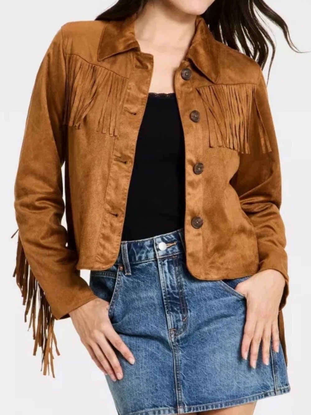 Women's Western Fringe Faux Suede Fashion Jacket - Universal Thread Brown